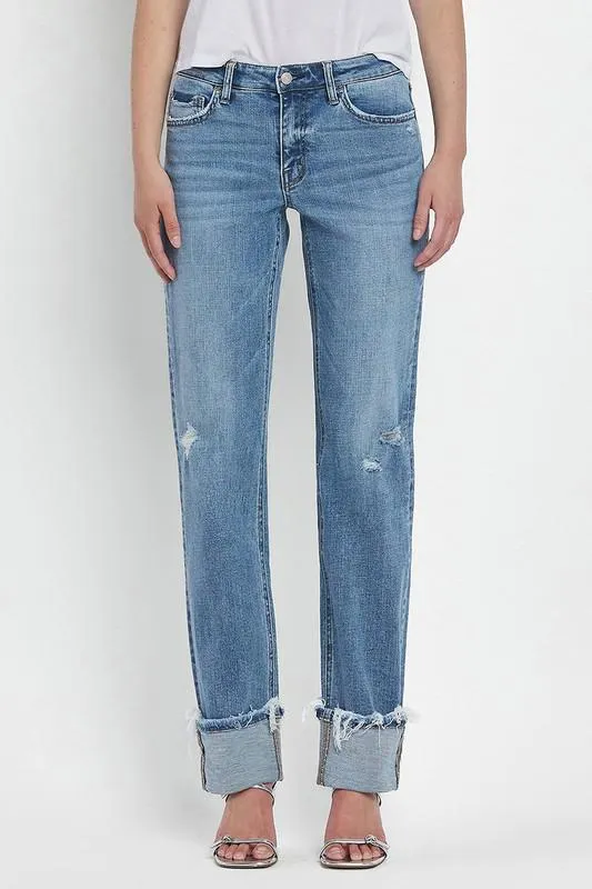 Mid Rise Cuffed Straight Leg Jean