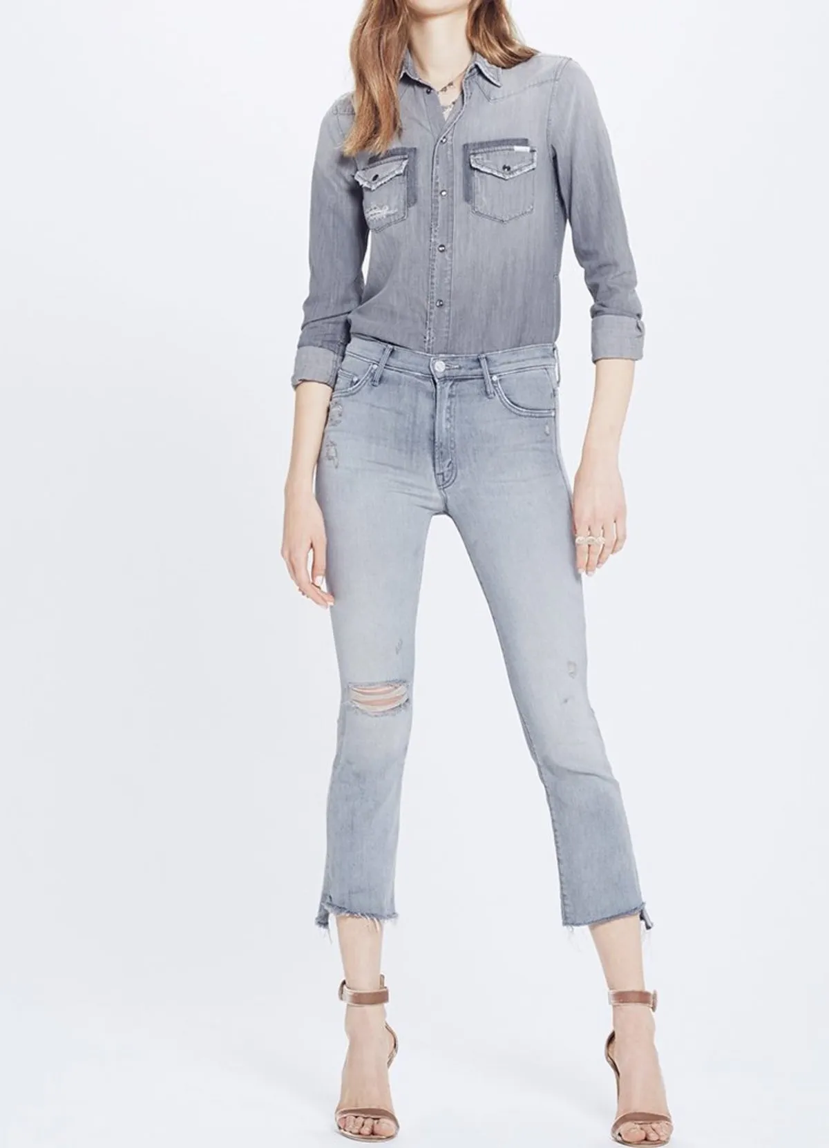 Mother Grey Crop Step Fray Denim Jeans