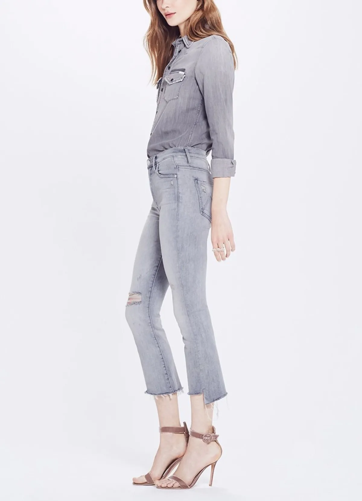 Mother Grey Crop Step Fray Denim Jeans