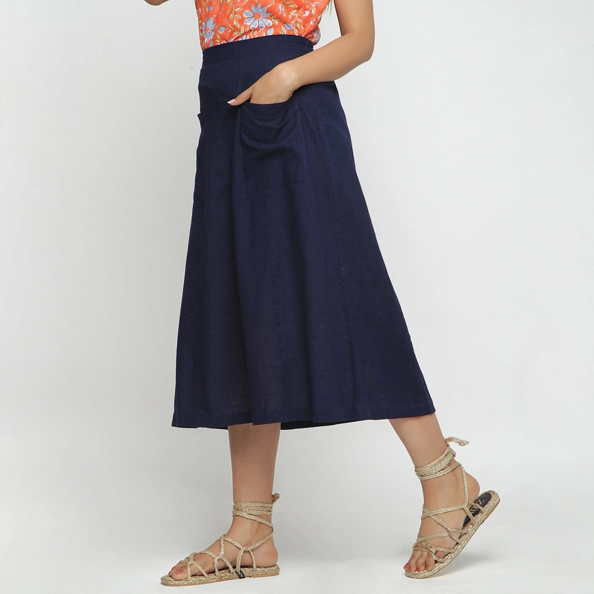 Navy Blue Cotton Flax Paneled Elasticated Midi Skirt