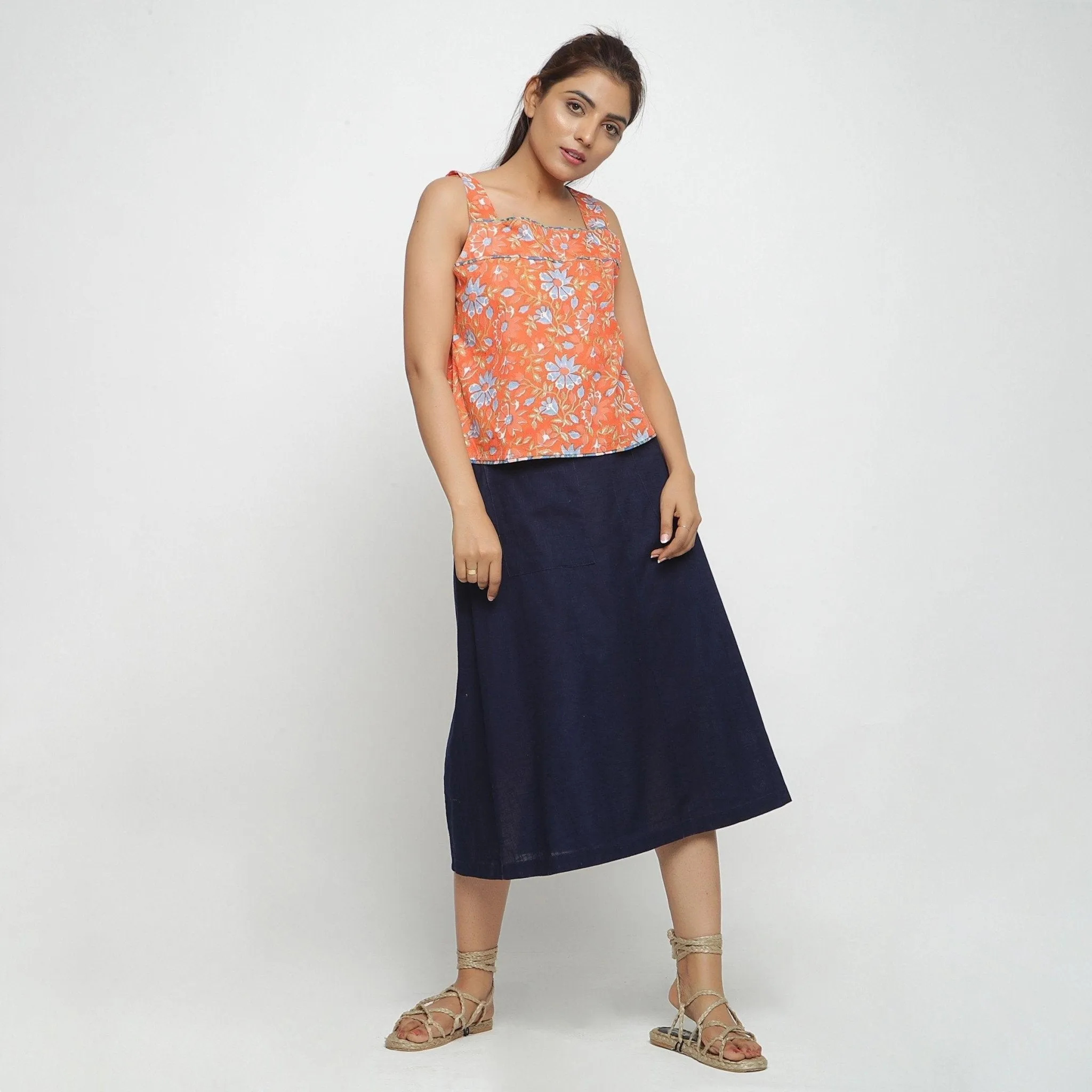 Navy Blue Cotton Flax Paneled Elasticated Midi Skirt