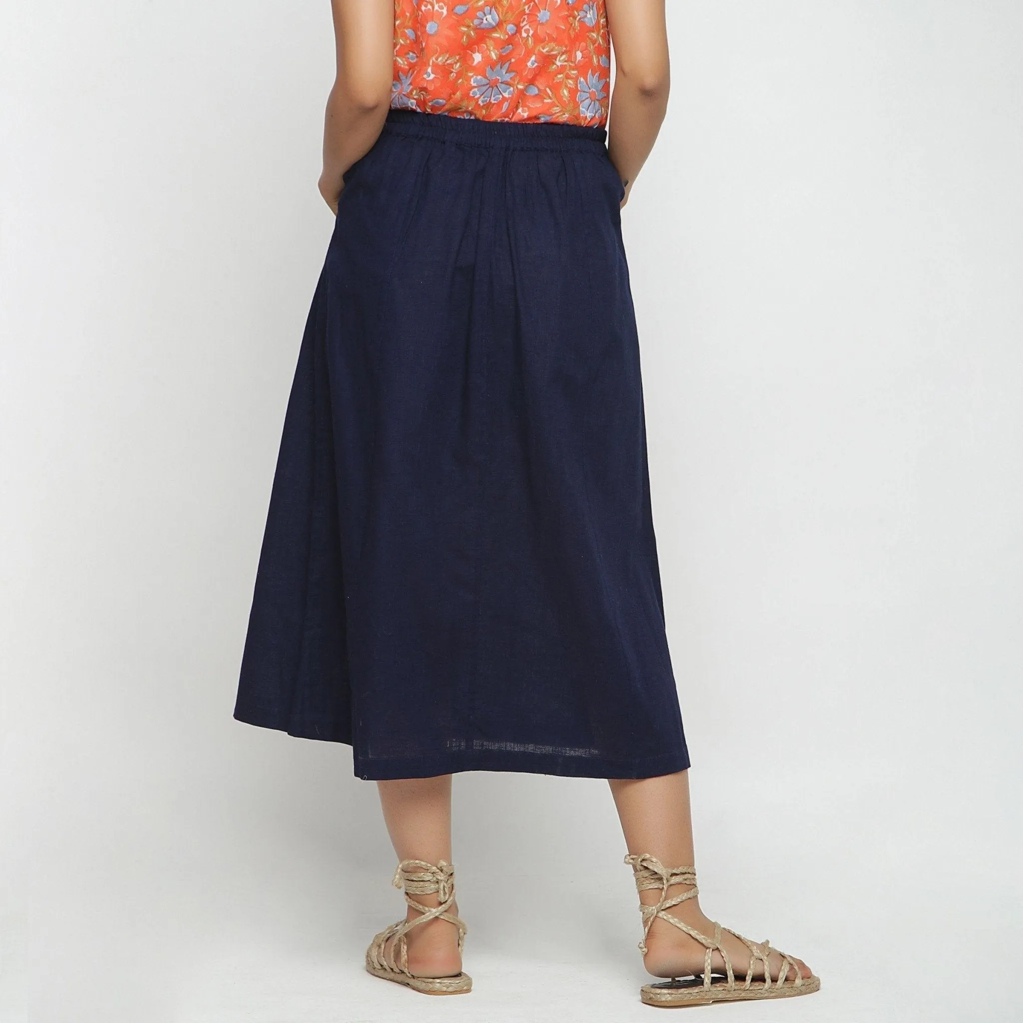 Navy Blue Cotton Flax Paneled Elasticated Midi Skirt