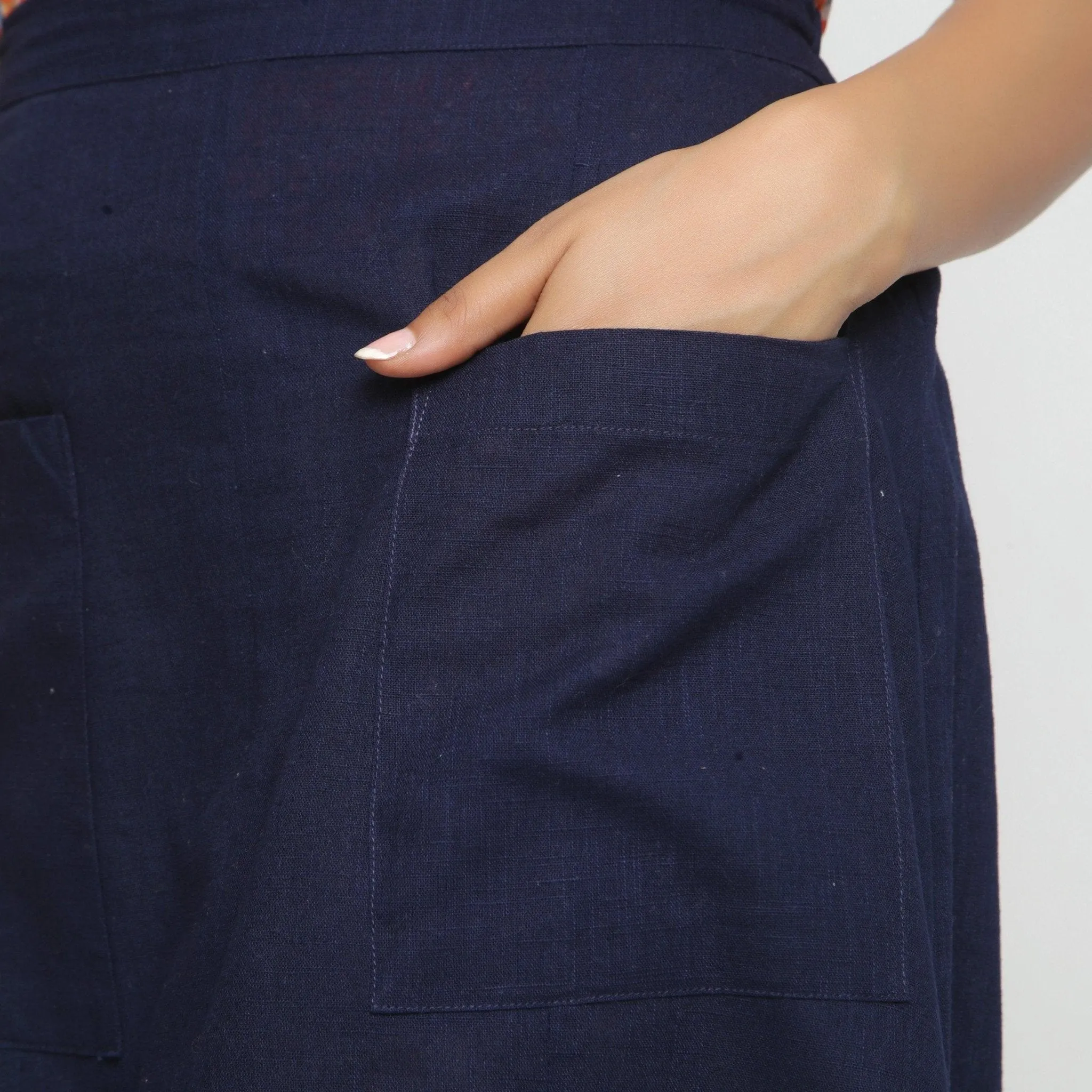 Navy Blue Cotton Flax Paneled Elasticated Midi Skirt