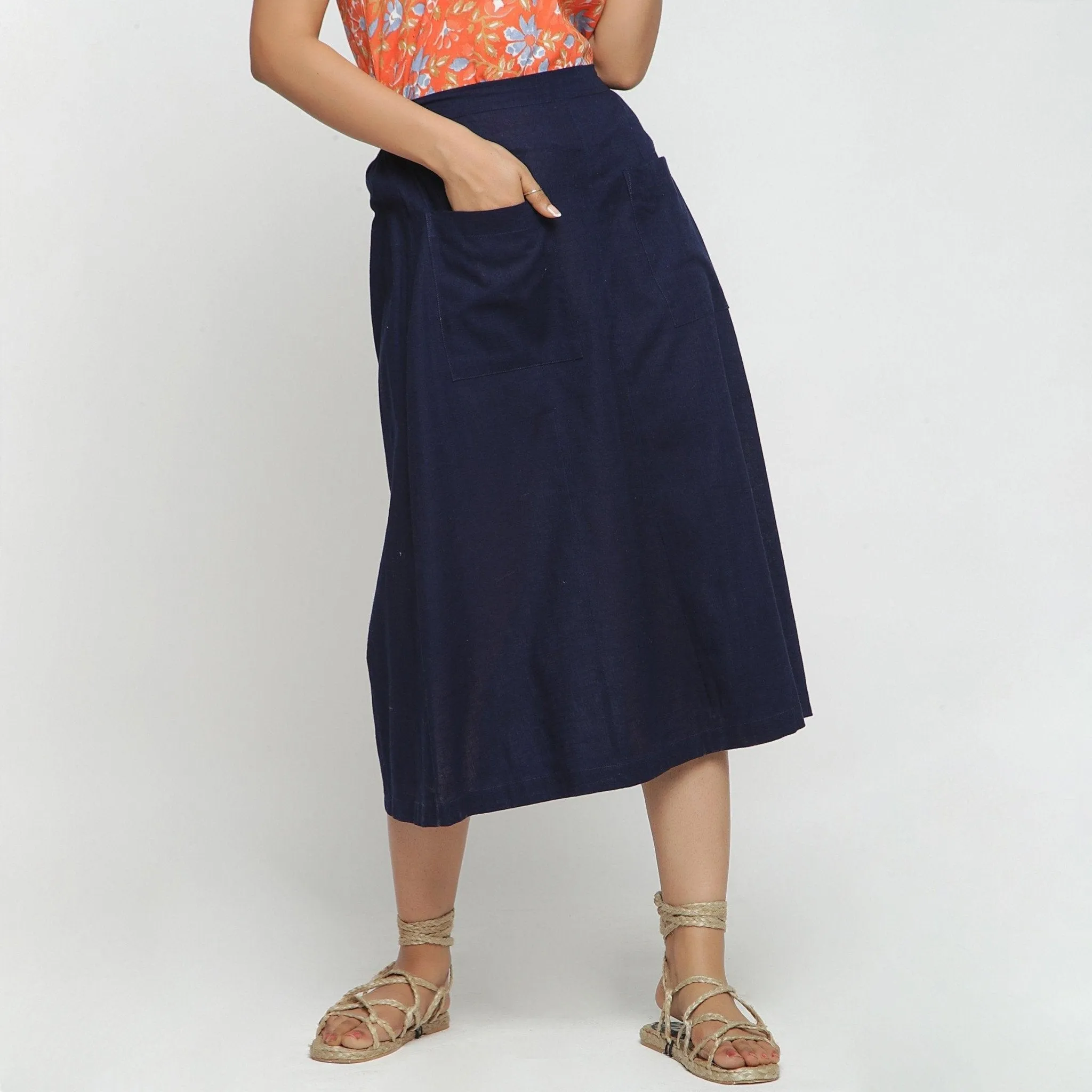 Navy Blue Cotton Flax Paneled Elasticated Midi Skirt