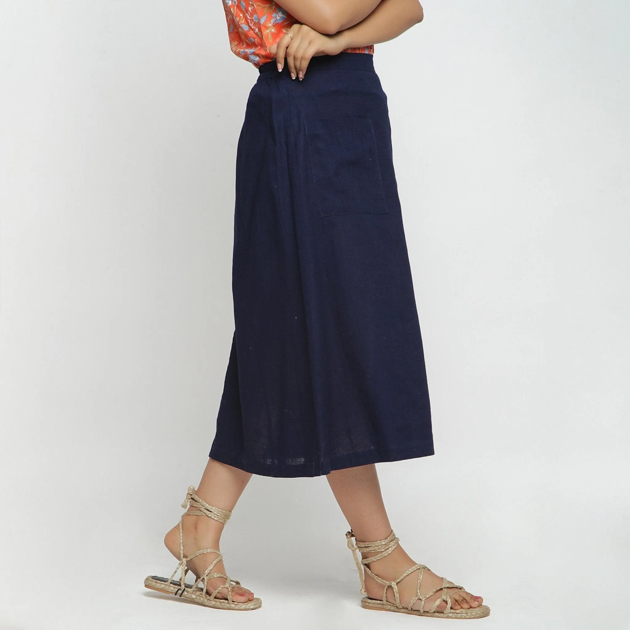 Navy Blue Cotton Flax Paneled Elasticated Midi Skirt