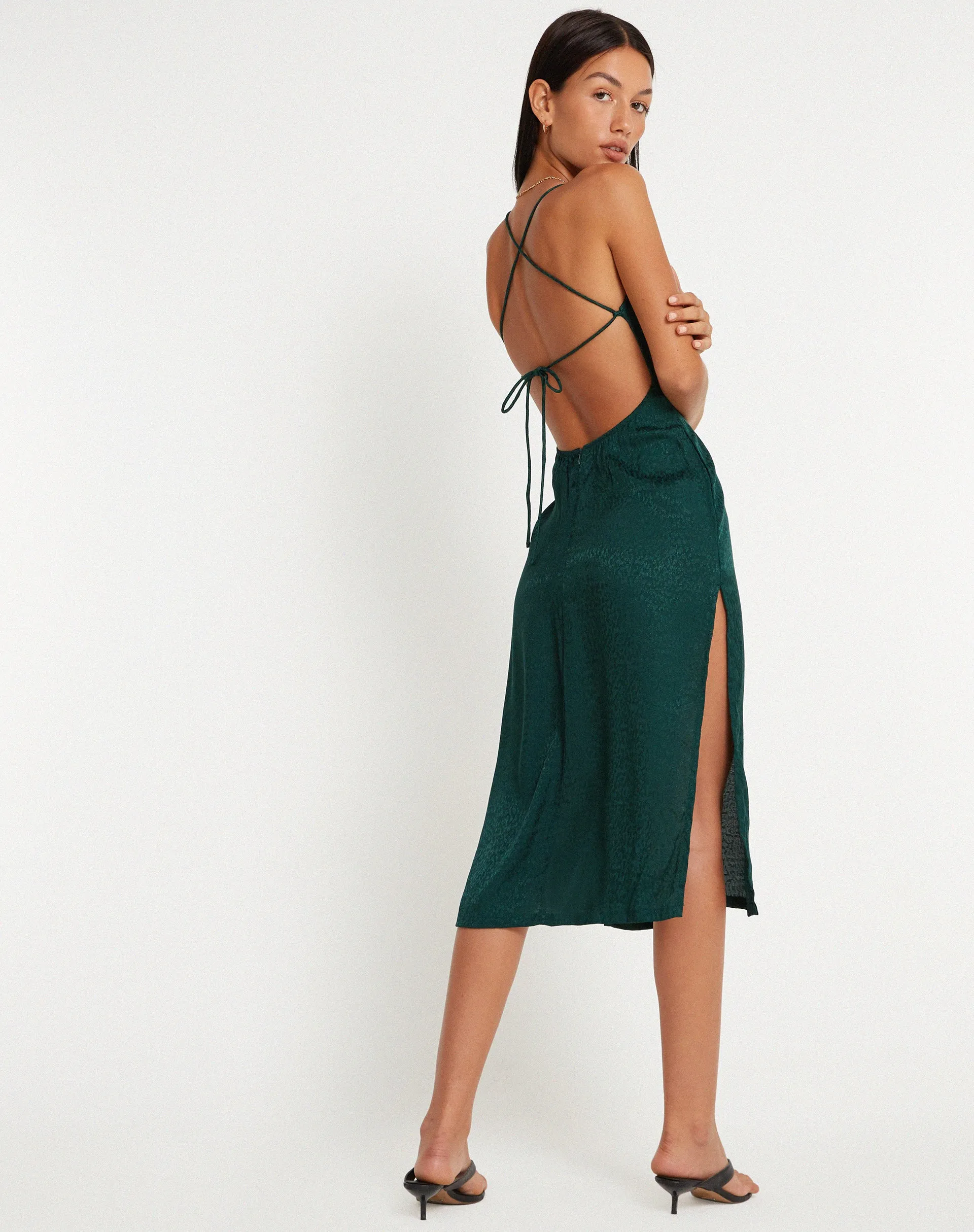 Nosita Midi Dress in Satin Cheetah Forest Green