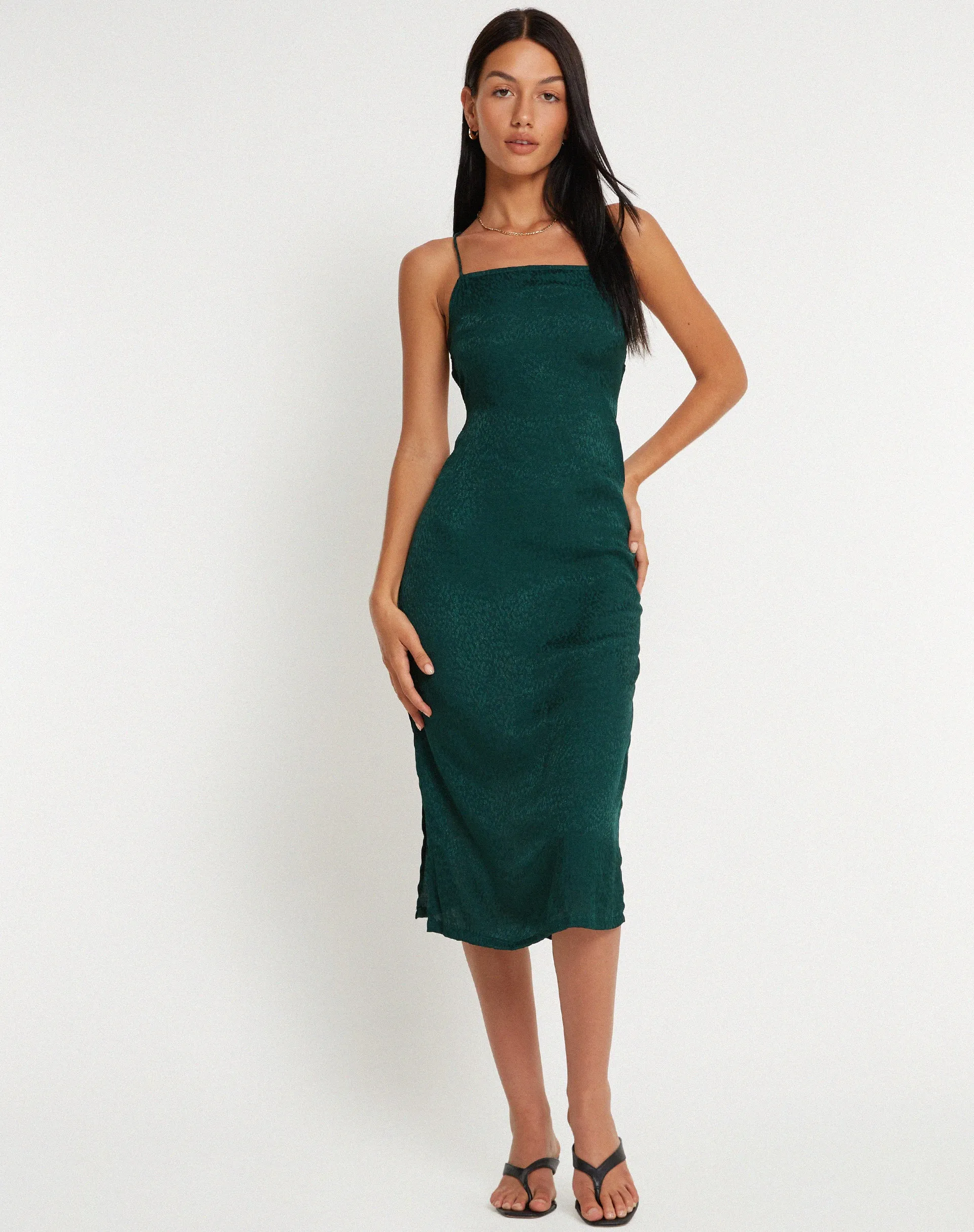 Nosita Midi Dress in Satin Cheetah Forest Green