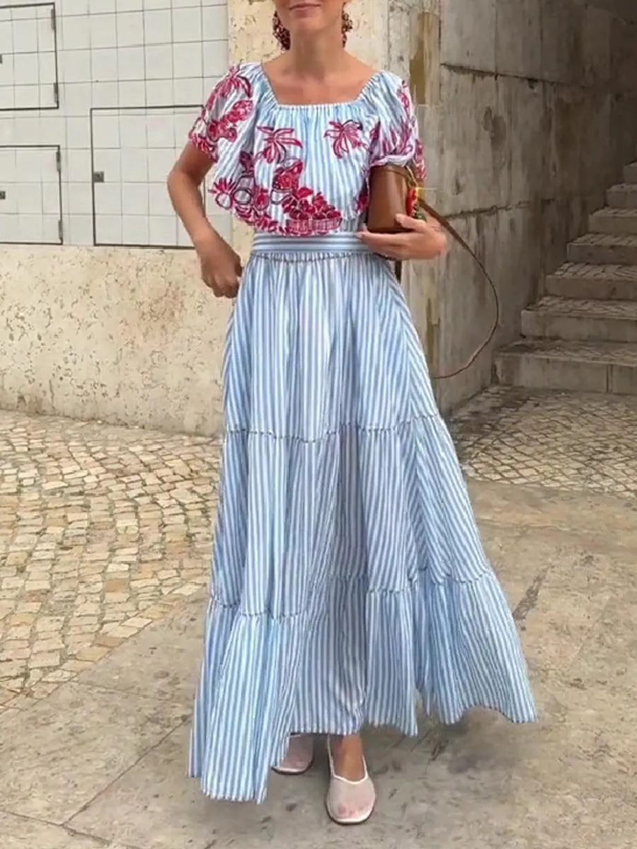 Off Shoulder Striped Print Lace Up Maxi Dress