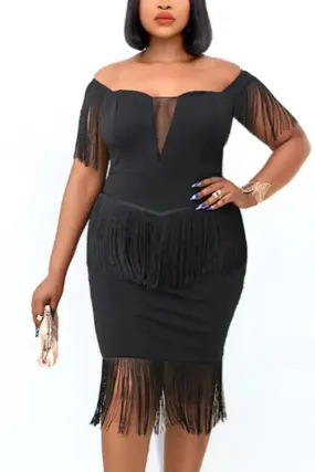 Off Shoulder Tassels Decor Midi Dress