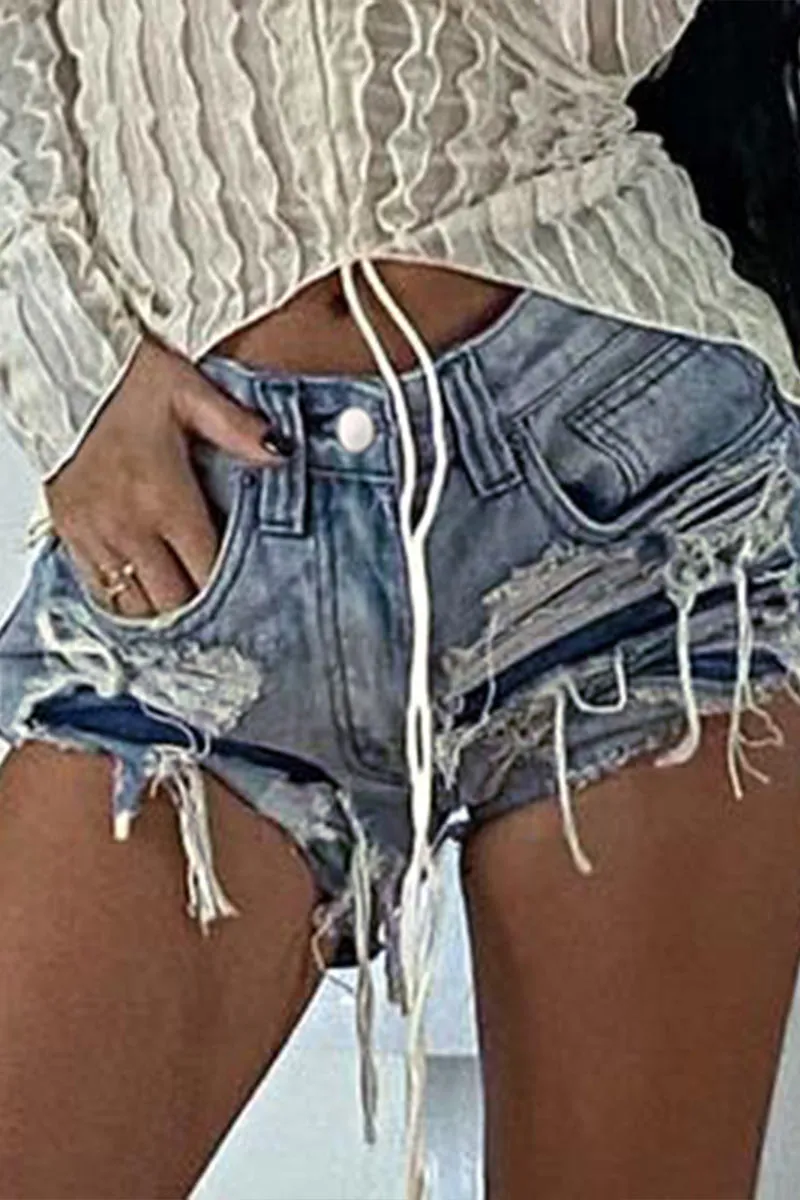 PD783 Distressed Fringe Denim Shorts