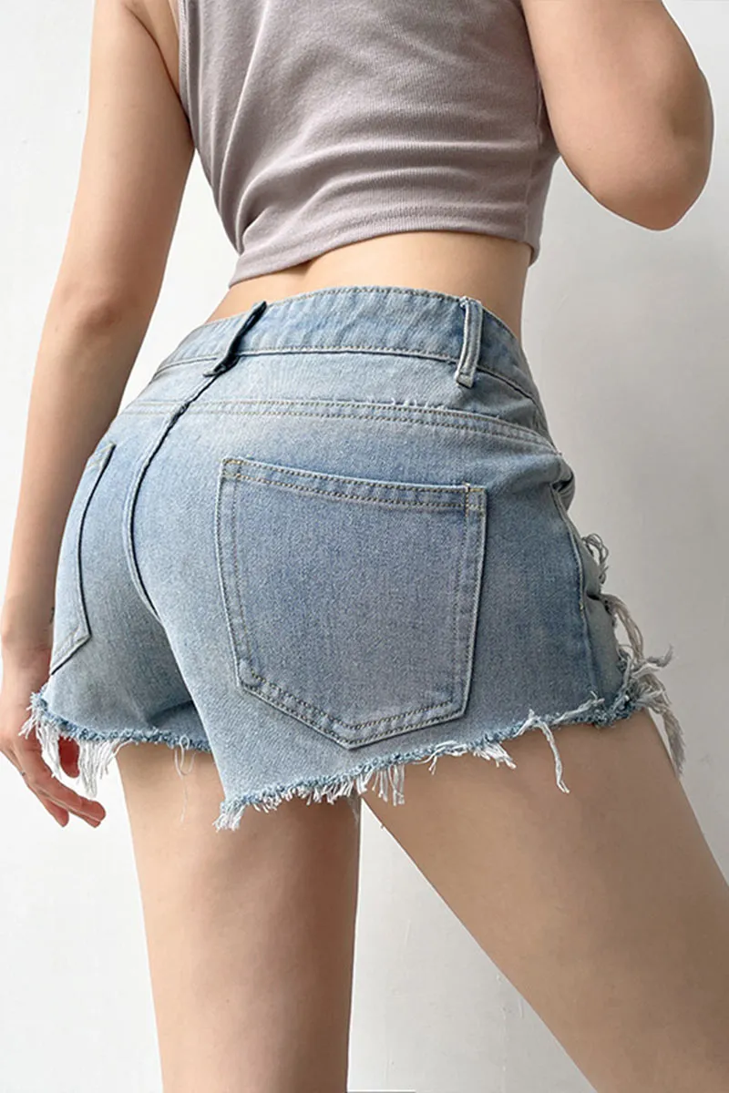 PD783 Distressed Fringe Denim Shorts