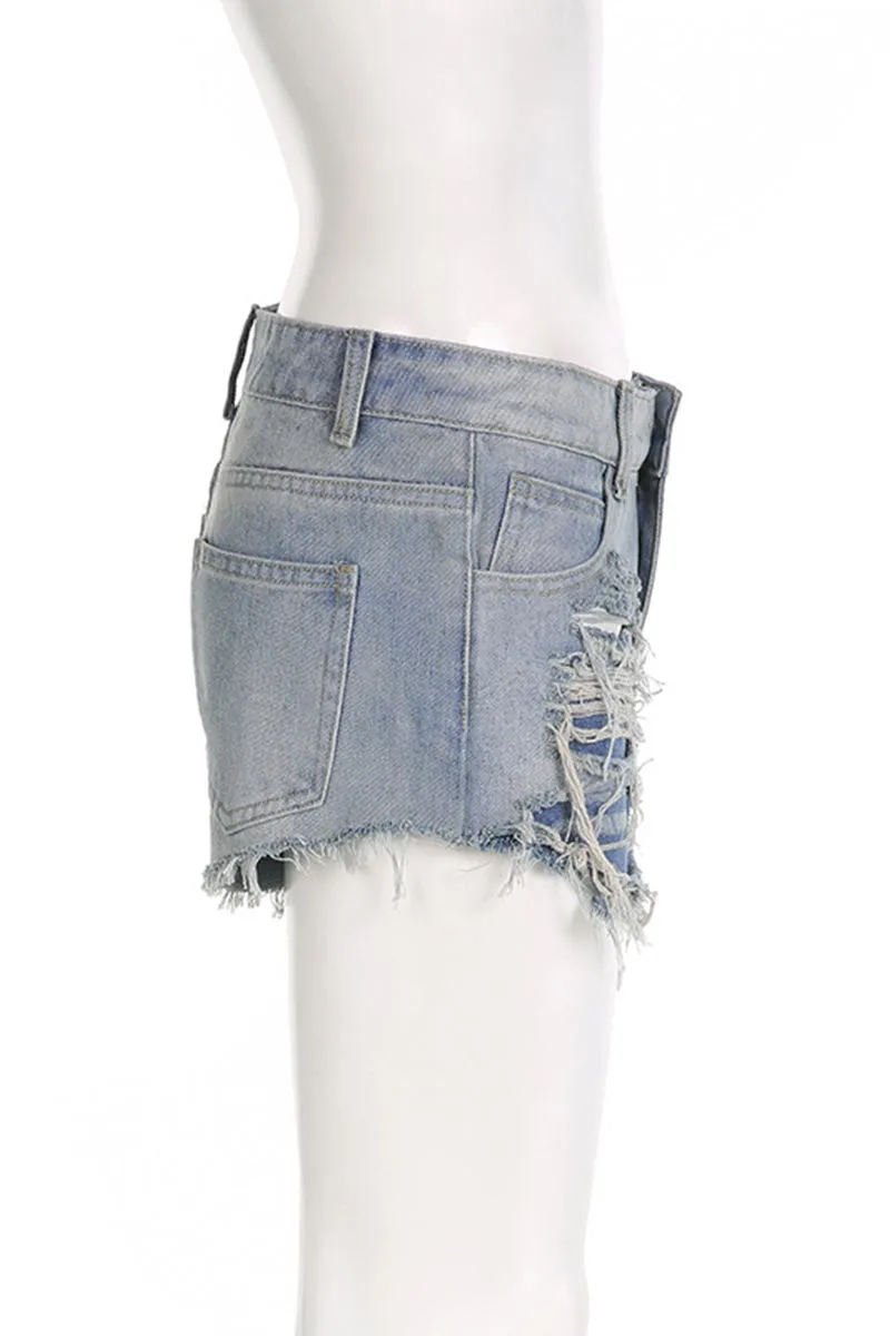 PD783 Distressed Fringe Denim Shorts