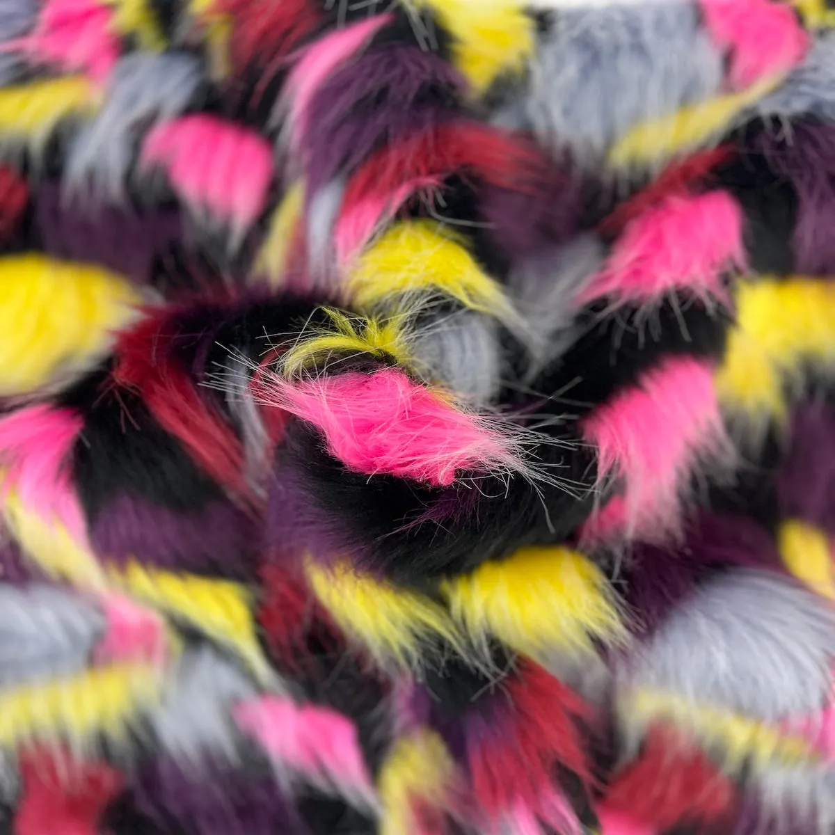 Pink | Purple | Gray | Yellow Puzzled Multicolor Faux Fur Fabric