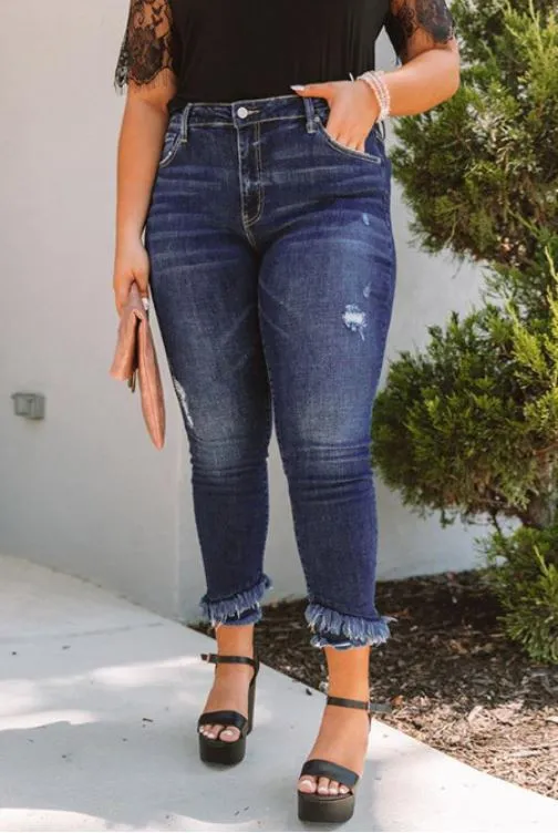 Plus Size Mid Waist Skinny Raw Hem Jeans