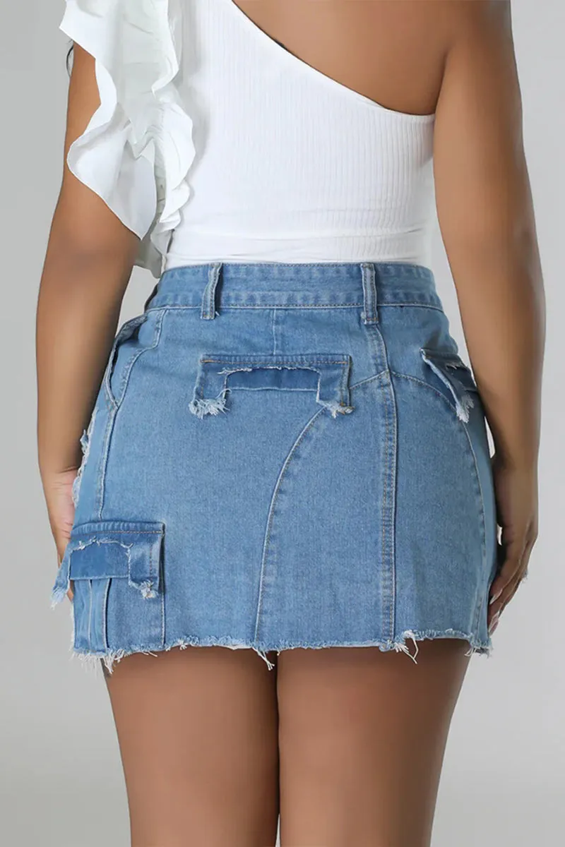 QC521 Distressed Denim Skirt