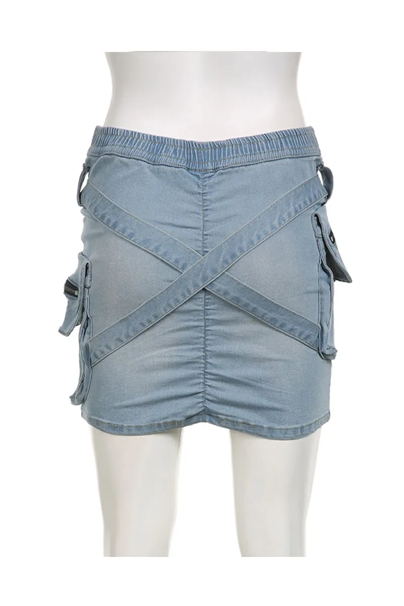 QF0243 Denim Cargo Mini Skirt