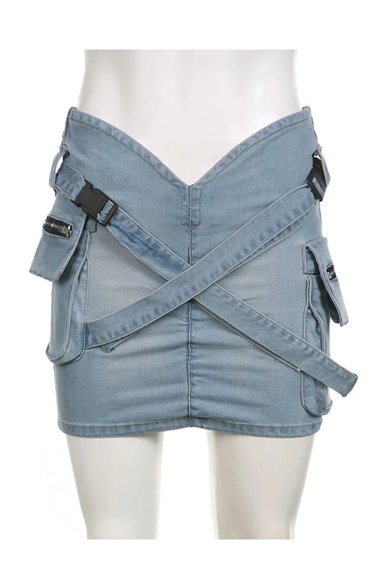 QF0243 Denim Cargo Mini Skirt