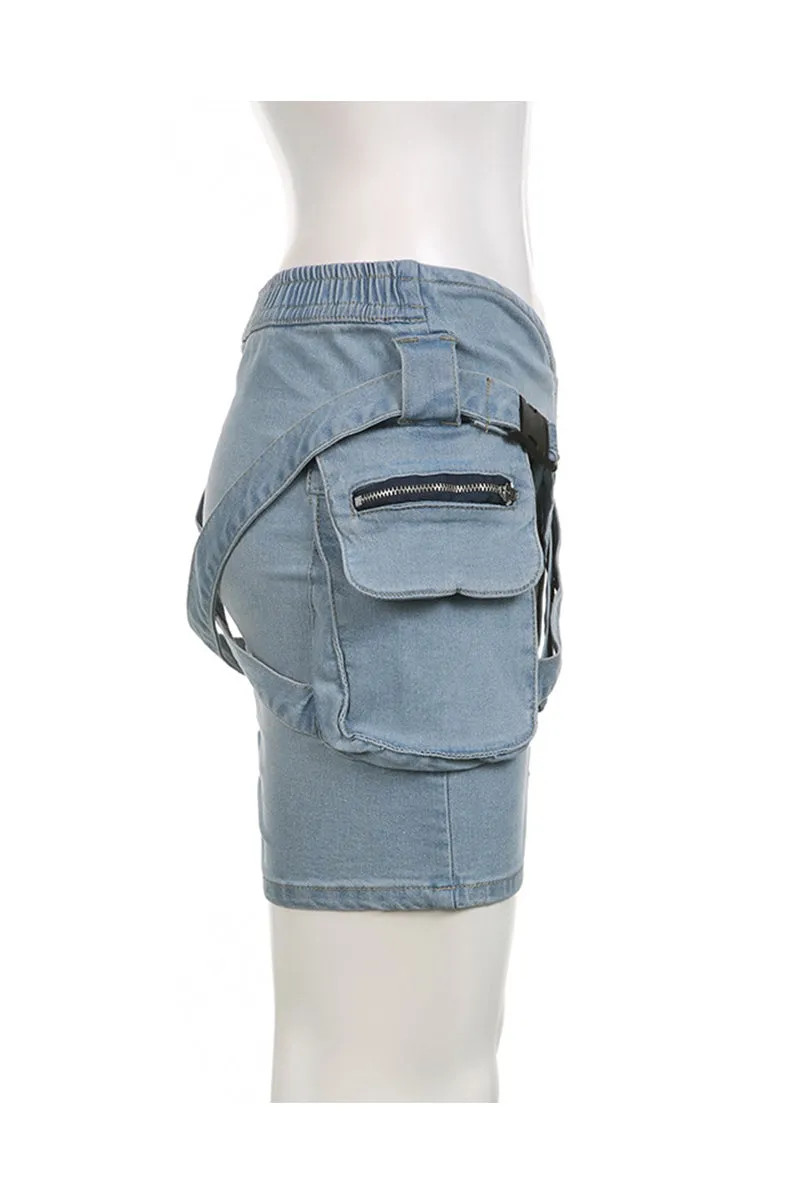 QF0243 Denim Cargo Mini Skirt