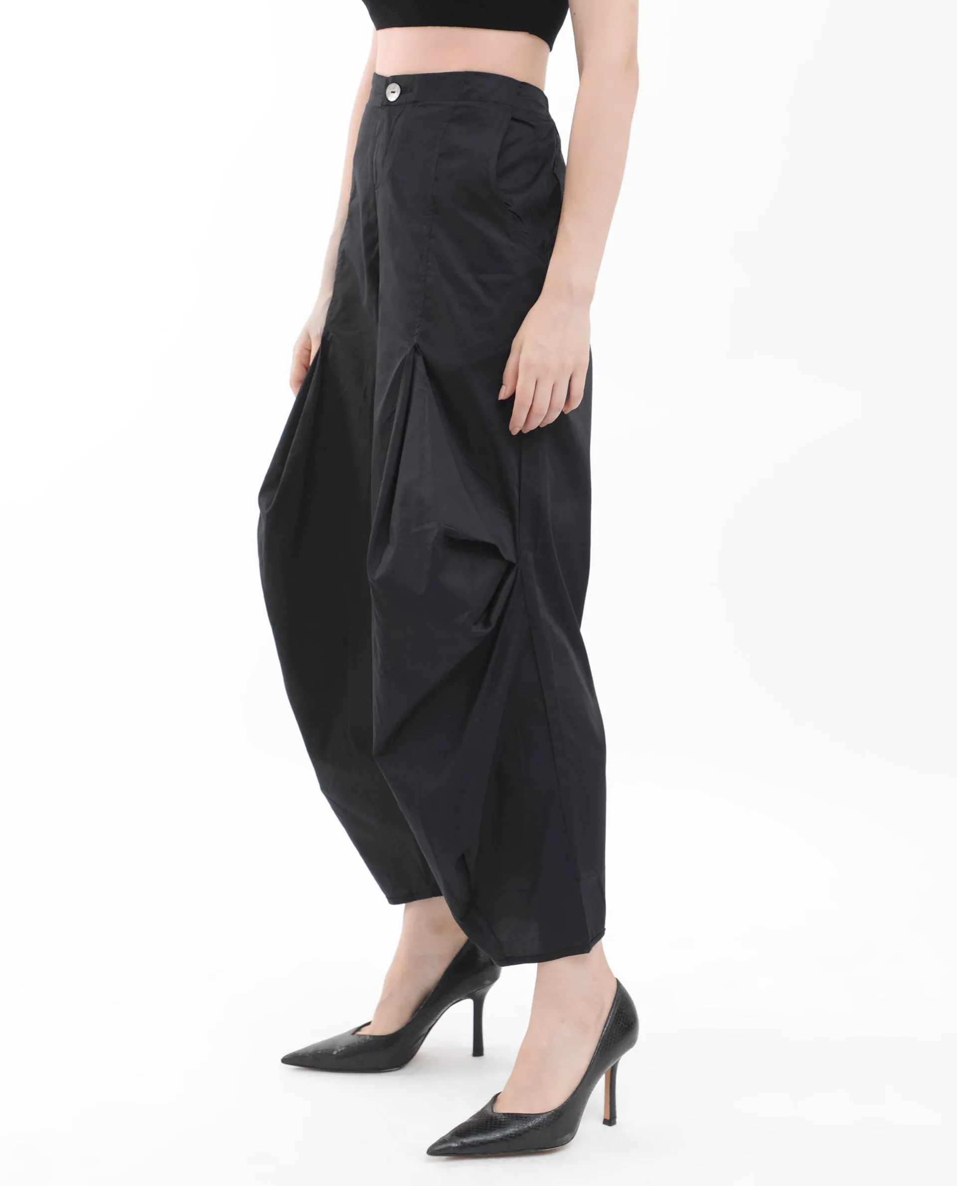 Rareism Women Colema Black Cotton Fabric Button Closure Relaxed Fit Plain Ankle Length Trousers