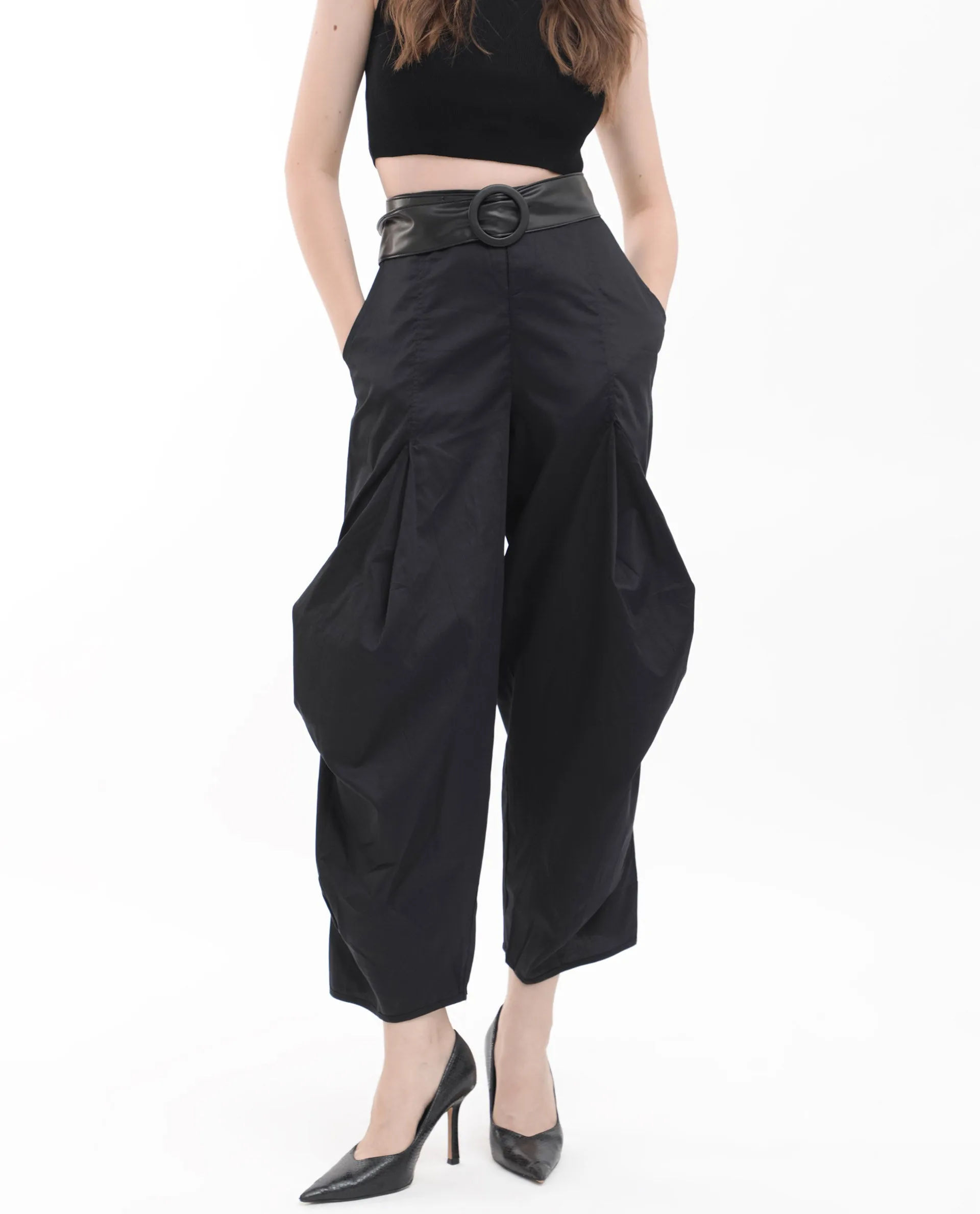 Rareism Women Colema Black Cotton Fabric Button Closure Relaxed Fit Plain Ankle Length Trousers