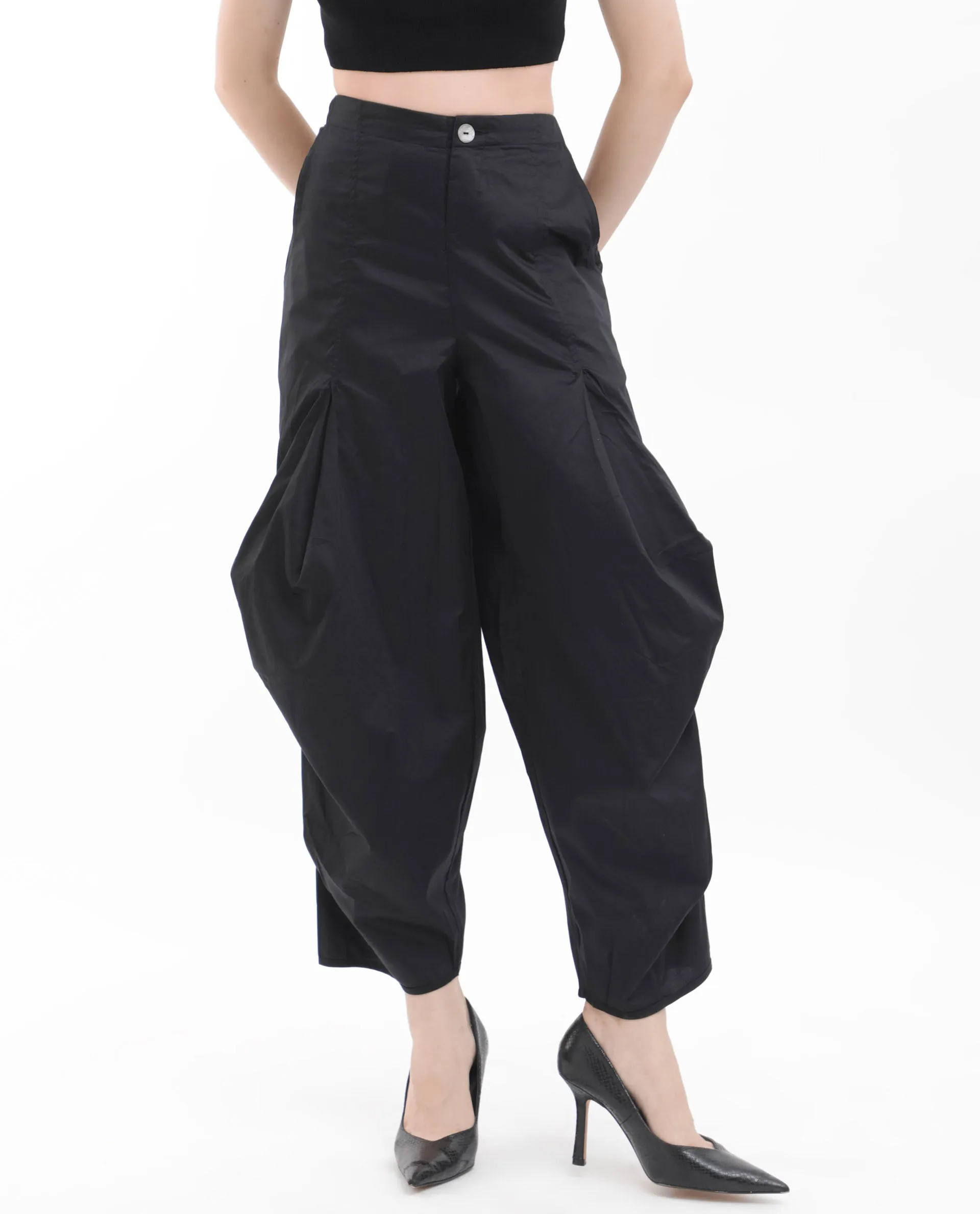 Rareism Women Colema Black Cotton Fabric Button Closure Relaxed Fit Plain Ankle Length Trousers