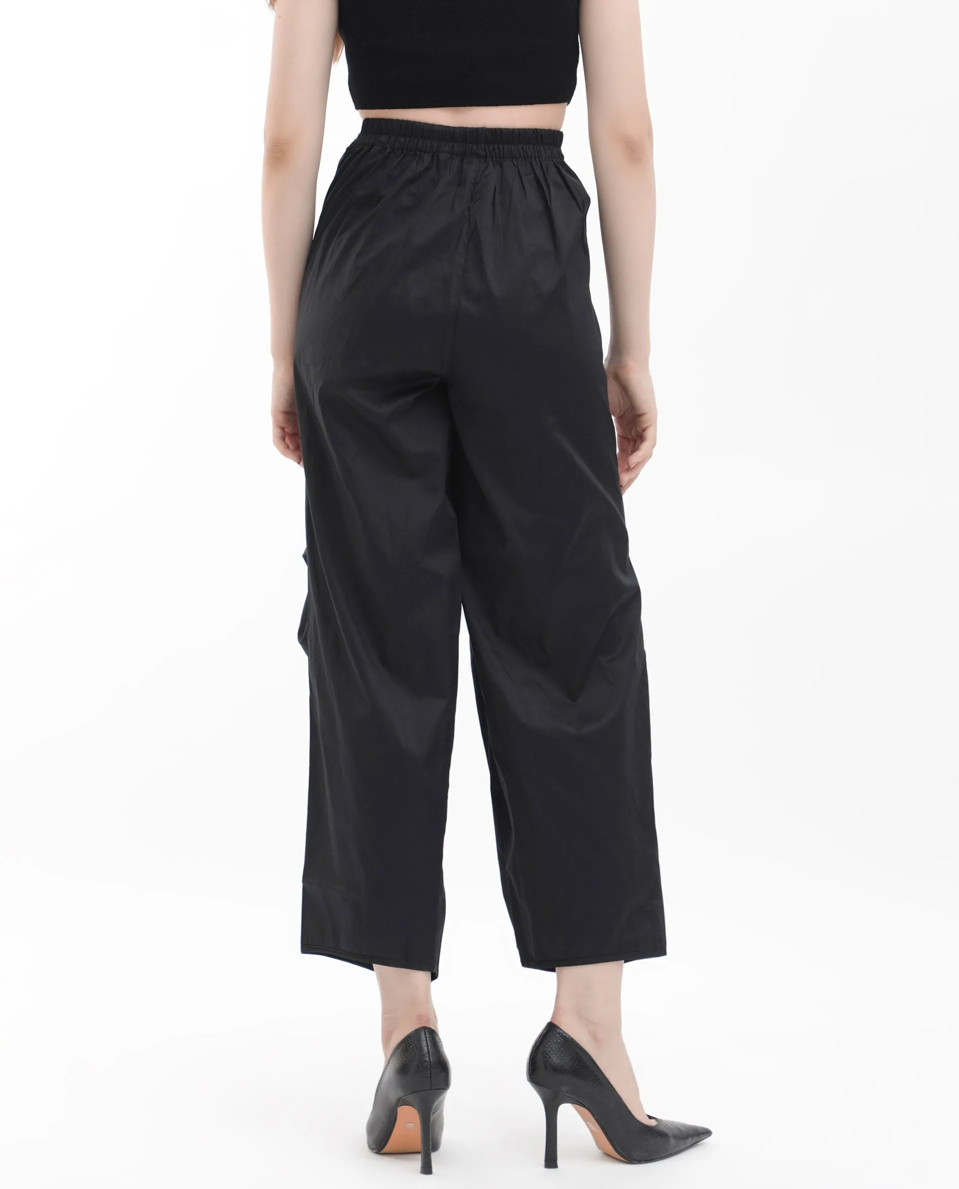 Rareism Women Colema Black Cotton Fabric Button Closure Relaxed Fit Plain Ankle Length Trousers