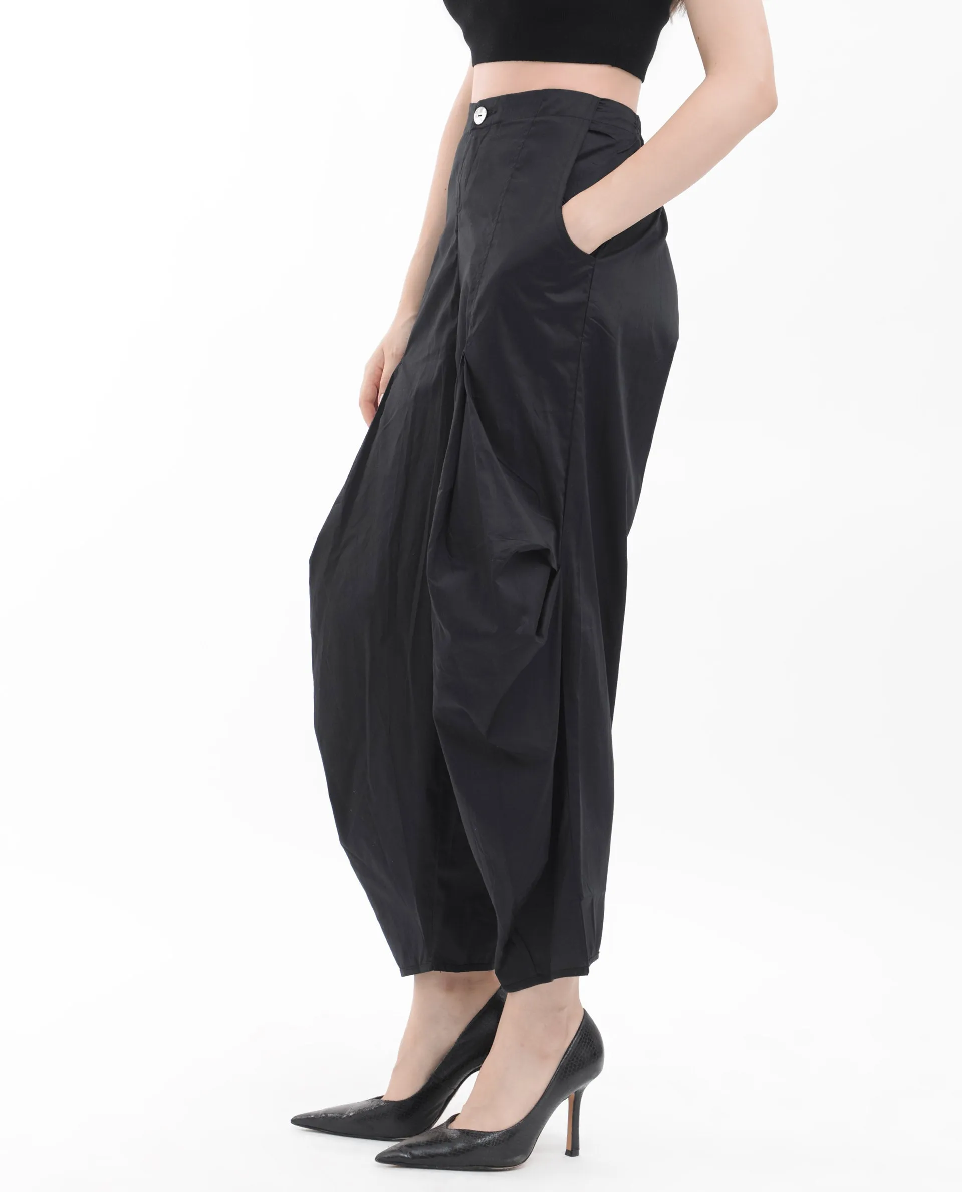 Rareism Women Colema Black Cotton Fabric Button Closure Relaxed Fit Plain Ankle Length Trousers