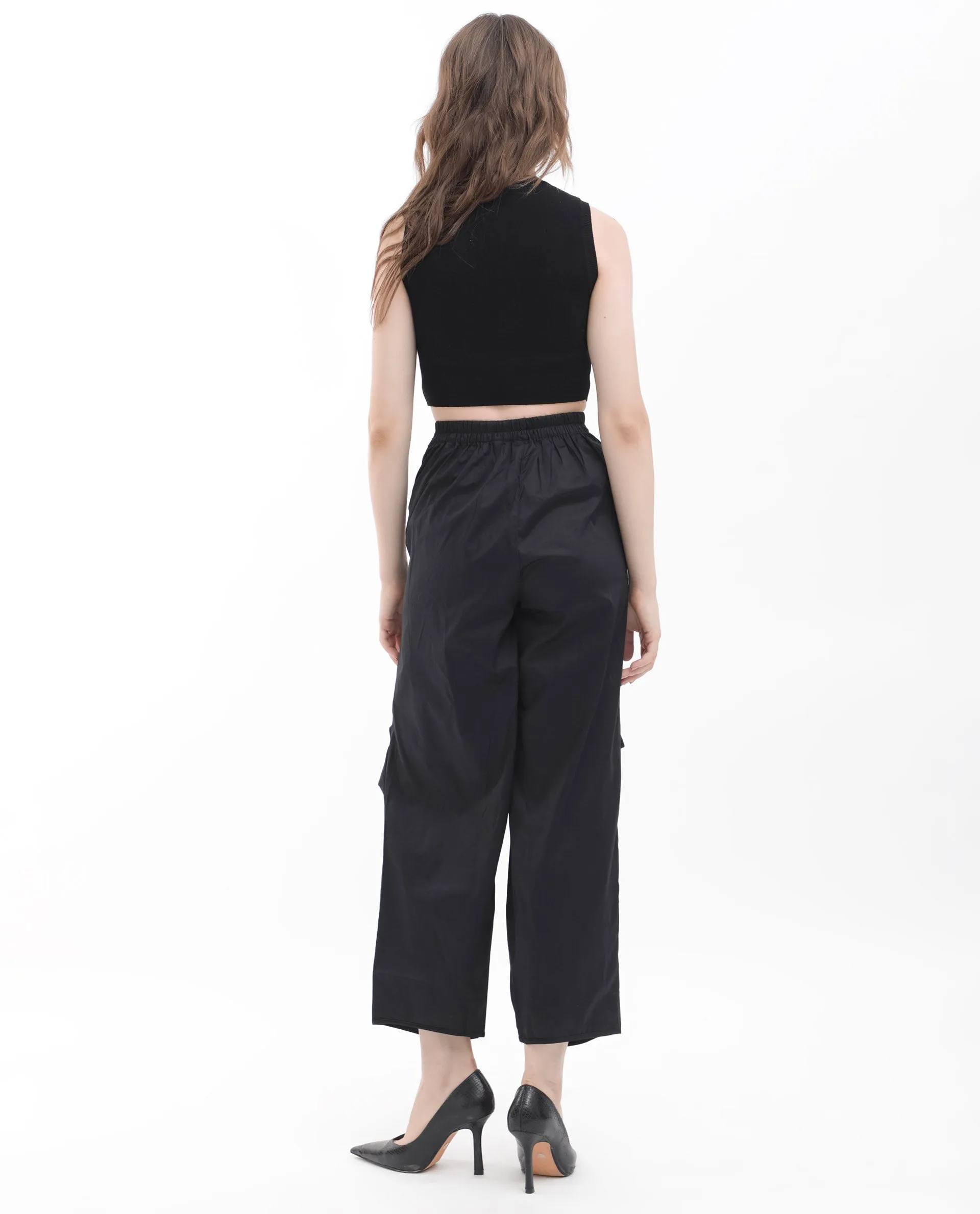 Rareism Women Colema Black Cotton Fabric Button Closure Relaxed Fit Plain Ankle Length Trousers