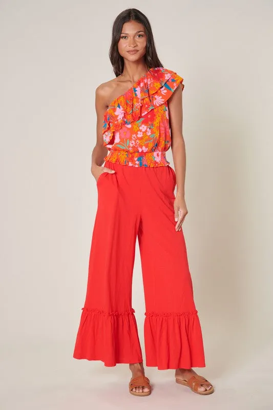 Red Ryder Ruffle Wide Leg Cotton Knit Pants