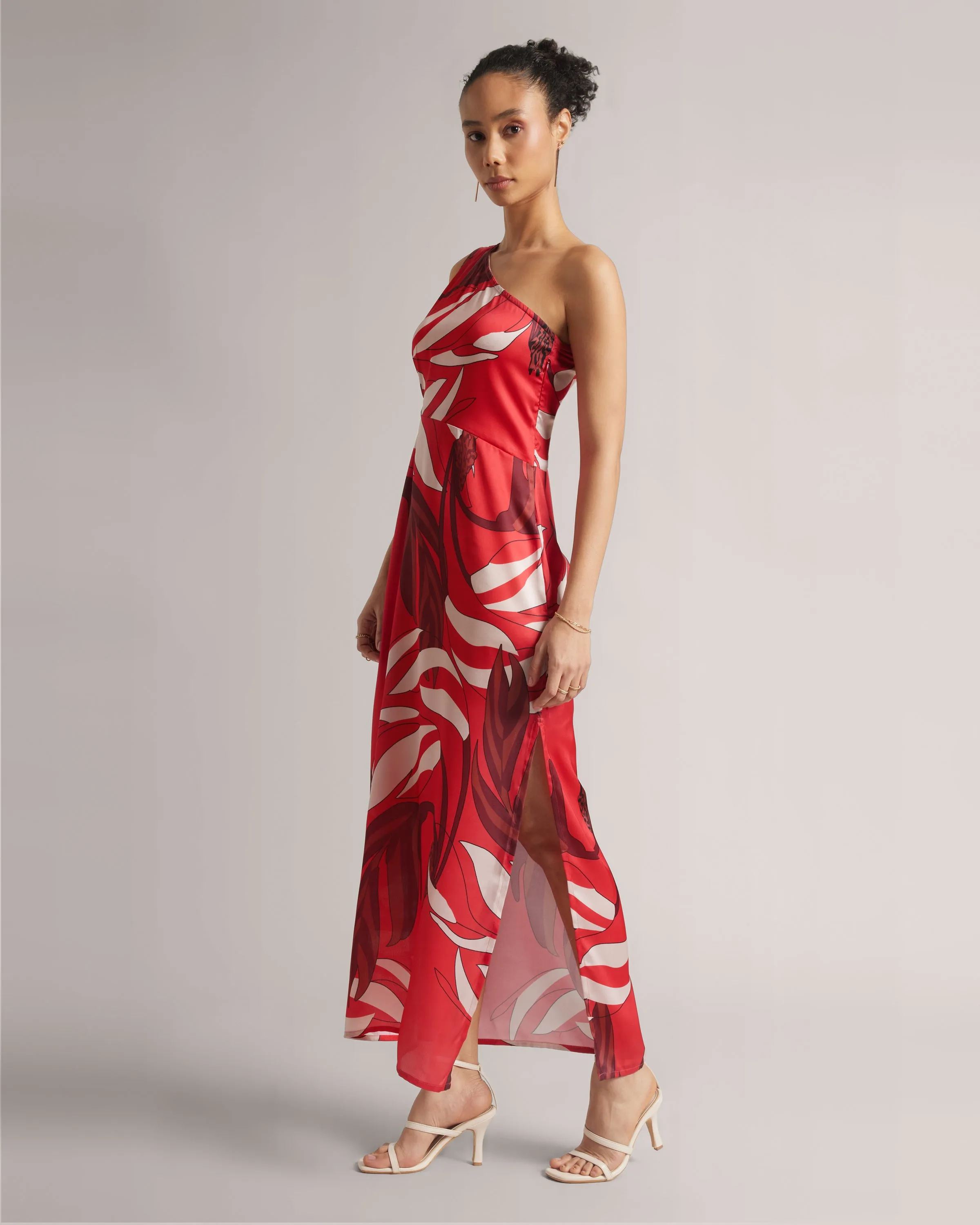 Red Satin Botanic Print One-Shoulder Maxi Dress with Front Slit