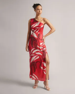 Red Satin Botanic Print One-Shoulder Maxi Dress with Front Slit