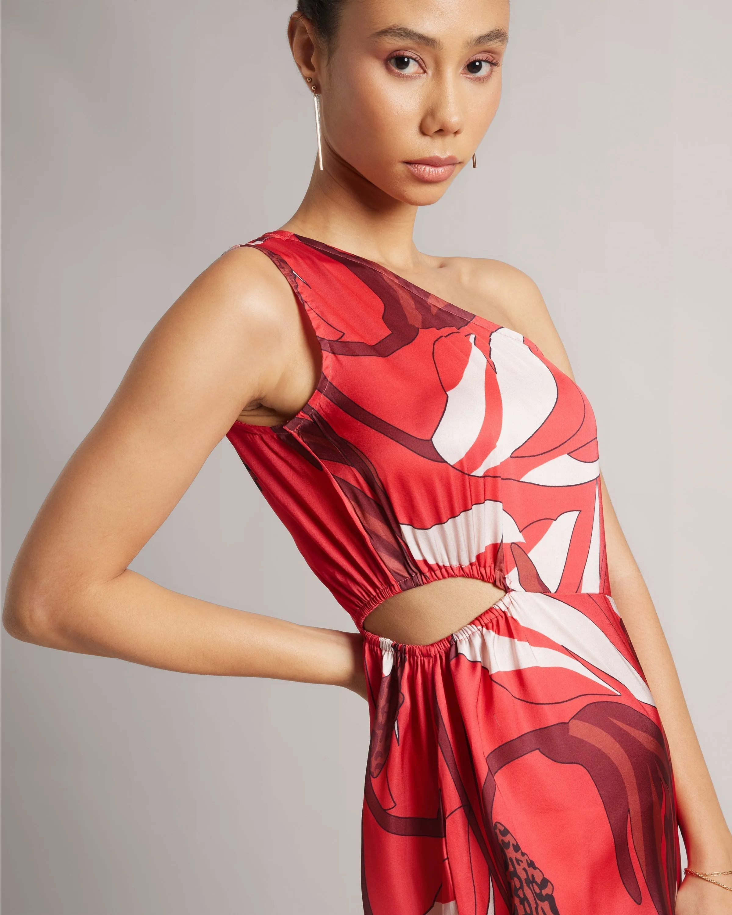 Red Satin Botanic Print One-Shoulder Maxi Dress with Front Slit