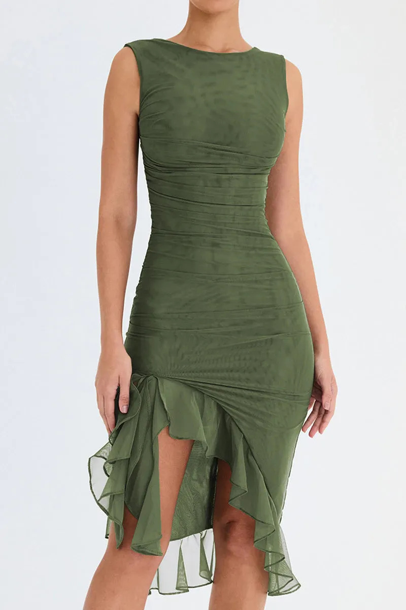 Ruffle Ruched Backless Sleeveless Irregular Midi Dress