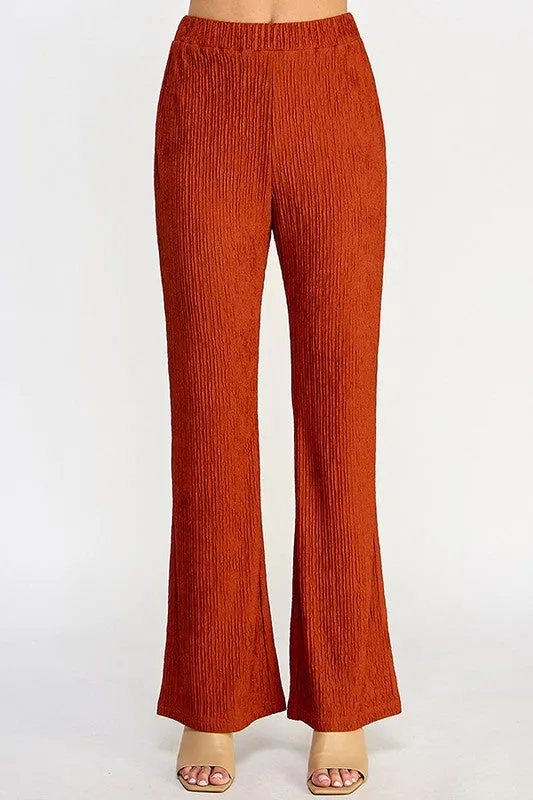 Rust Plisse Fitted Flare Knit Pants