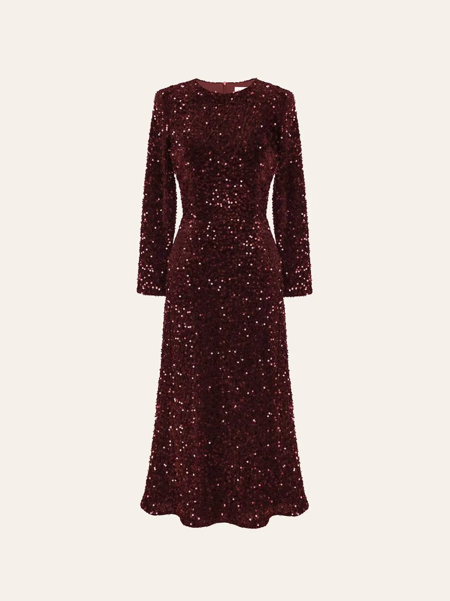 Sequin Decorated Velvet Long Sleeve Midi Dress