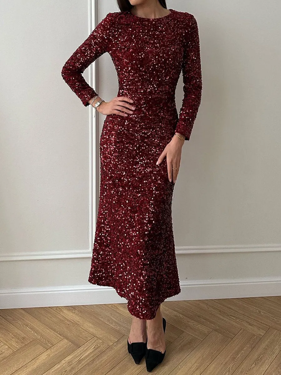 Sequin Decorated Velvet Long Sleeve Midi Dress