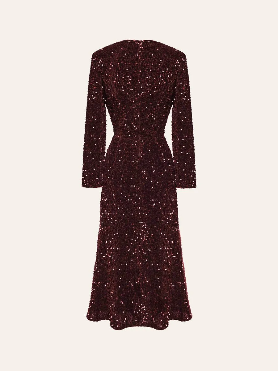 Sequin Decorated Velvet Long Sleeve Midi Dress