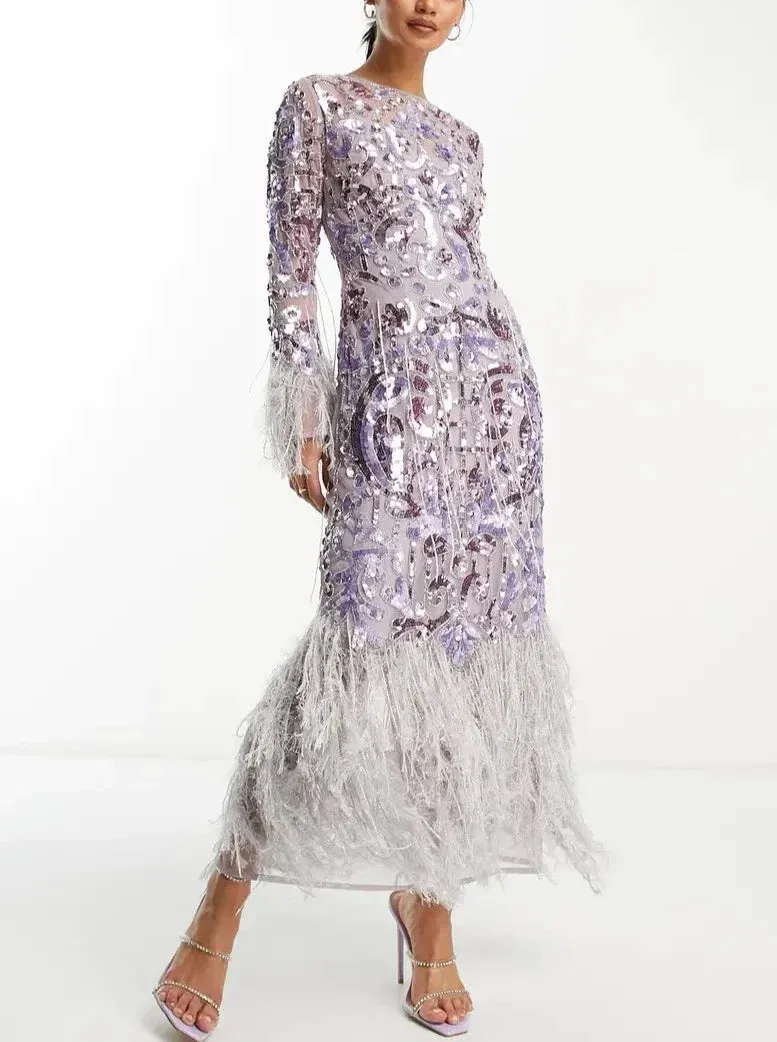 Sequin Fringe Trim Long Sleeve Cocktail Dress