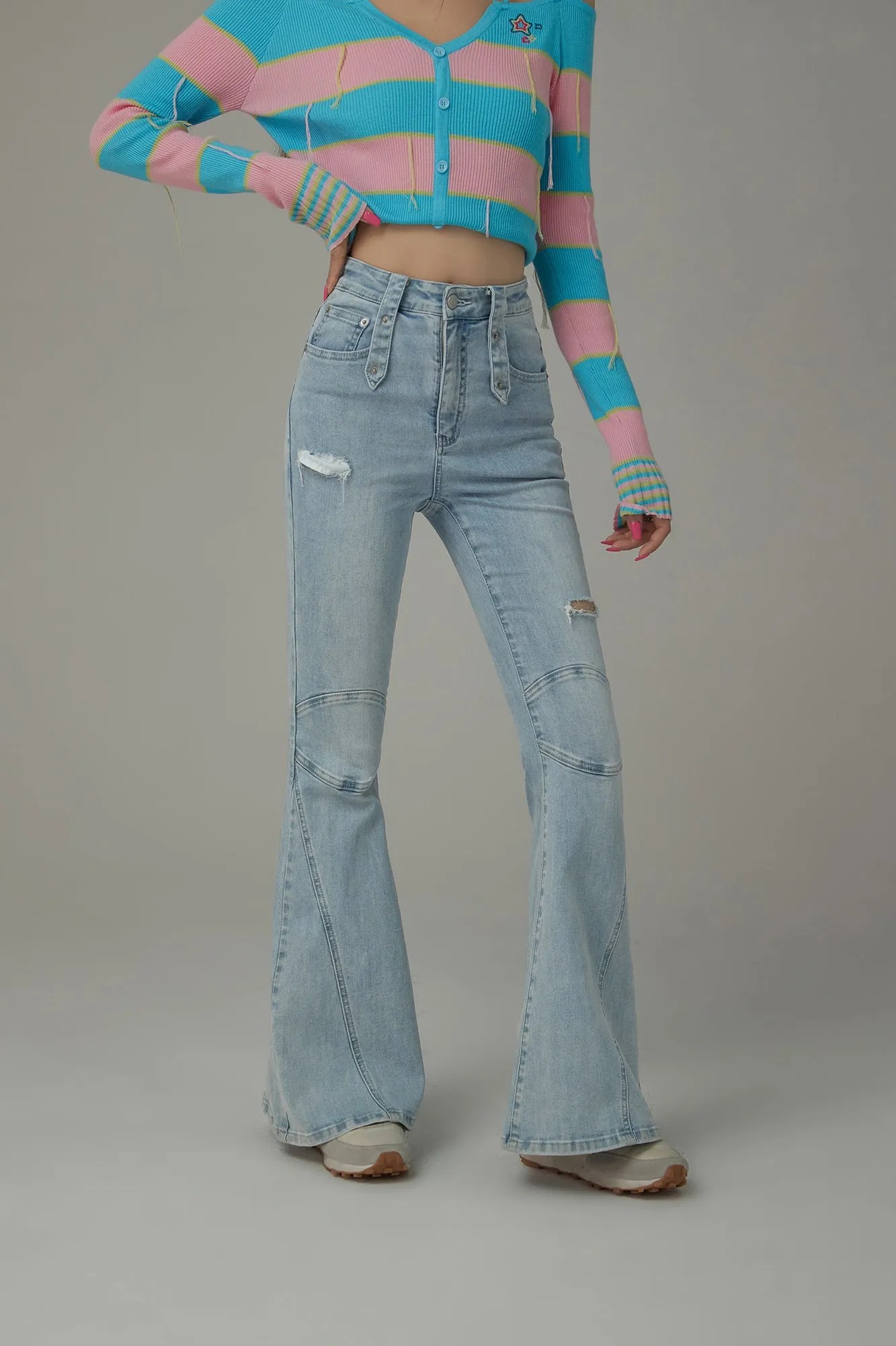 Stitch Distressed Bootcut Denim Jeans