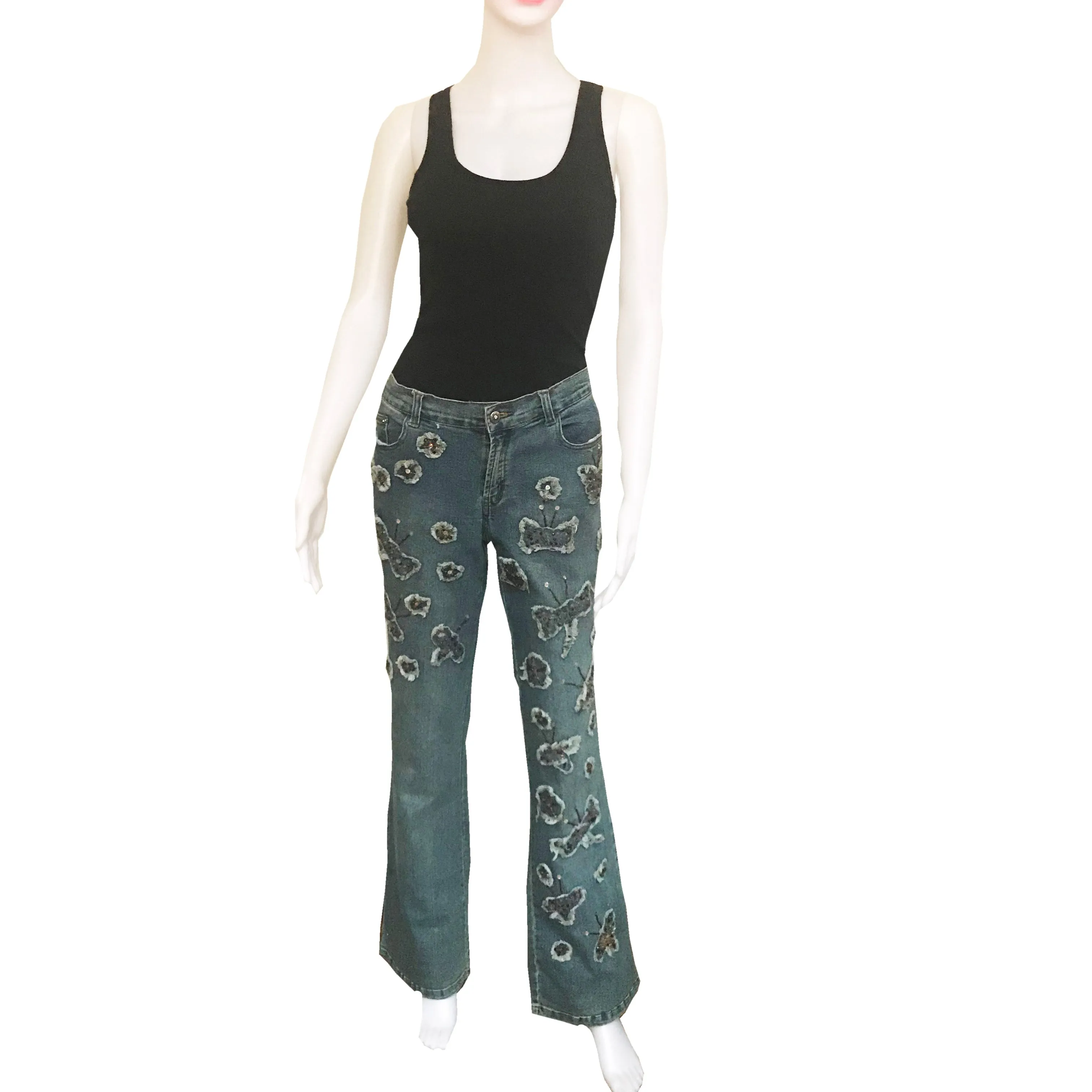 Vintage 1990s Stone-Washed Butterfly Patch Flare Jeans