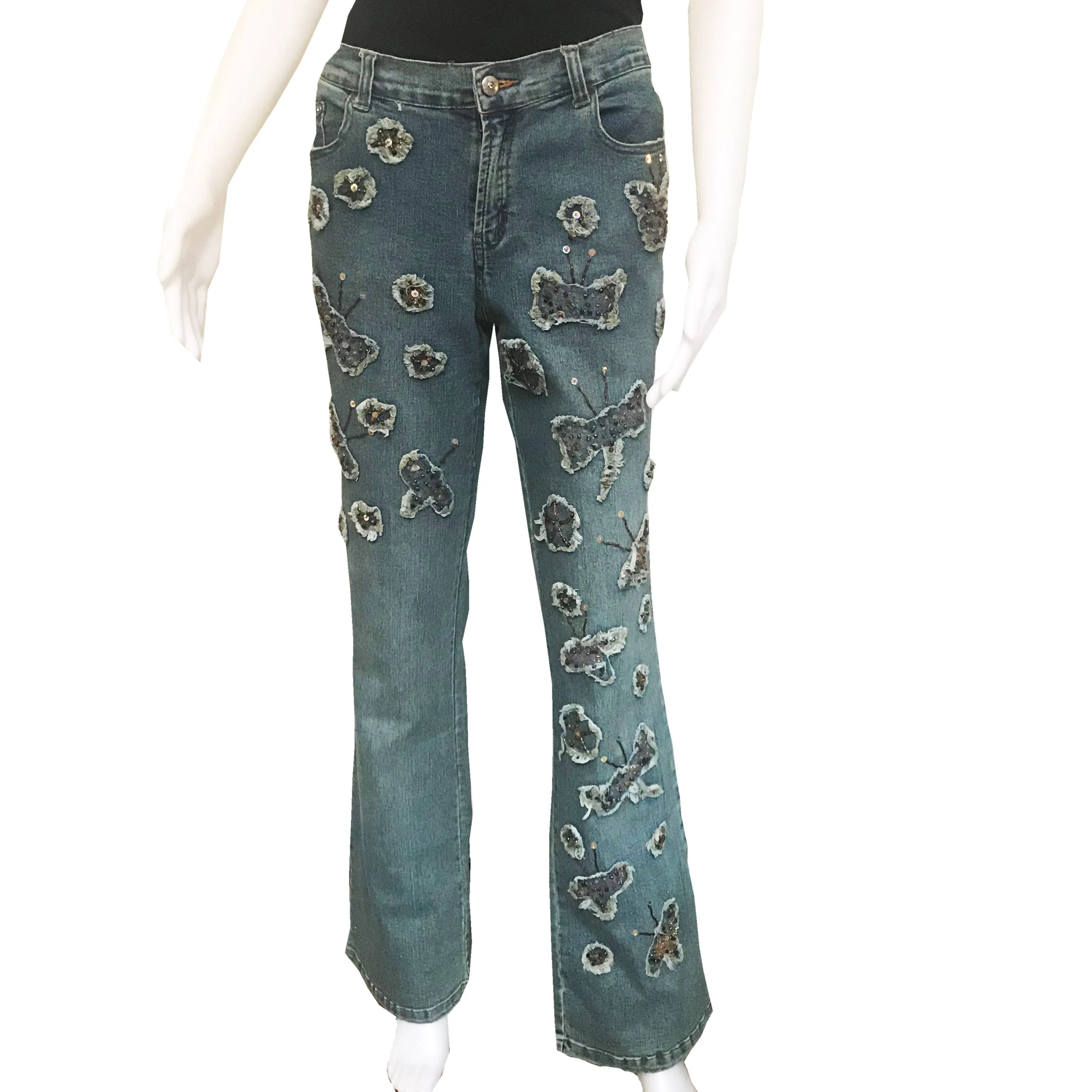 Vintage 1990s Stone-Washed Butterfly Patch Flare Jeans