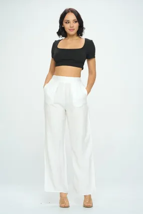 White Solid Wide Leg Pants With Elastic Waist