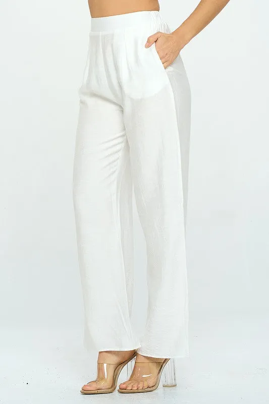 White Solid Wide Leg Pants With Elastic Waist