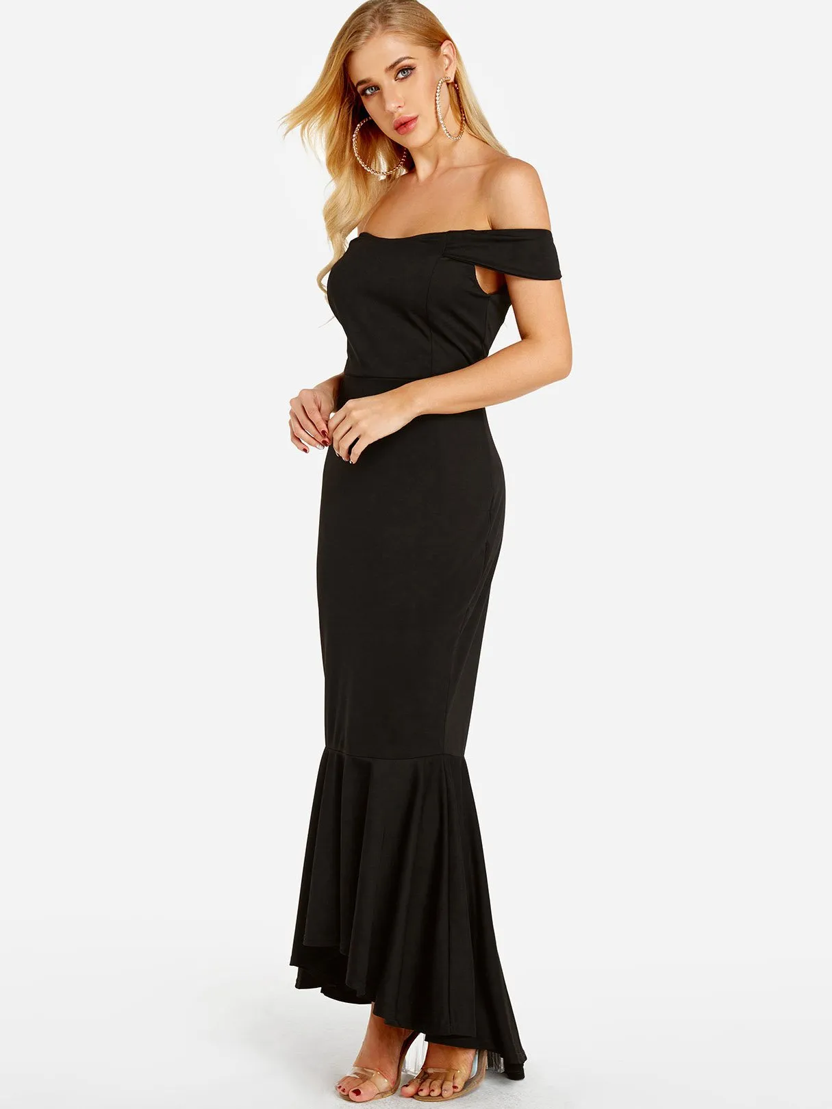 Wholesale Black Off The Shoulder Short Sleeve Plain Irregular Flounced Hem Maxi Dresses