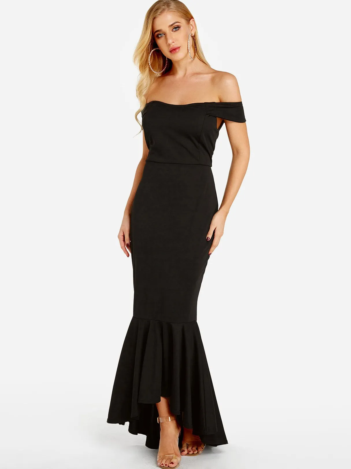 Wholesale Black Off The Shoulder Short Sleeve Plain Irregular Flounced Hem Maxi Dresses