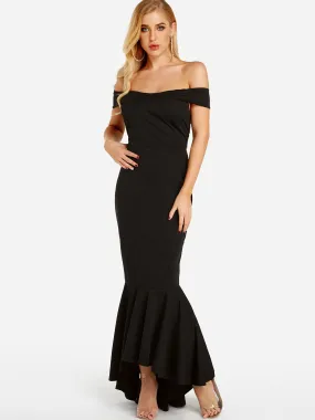 Wholesale Black Off The Shoulder Short Sleeve Plain Irregular Flounced Hem Maxi Dresses