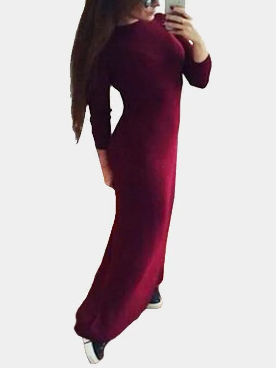 Wholesale Burgundy Round Neck Long Sleeve Plain Maxi Dress