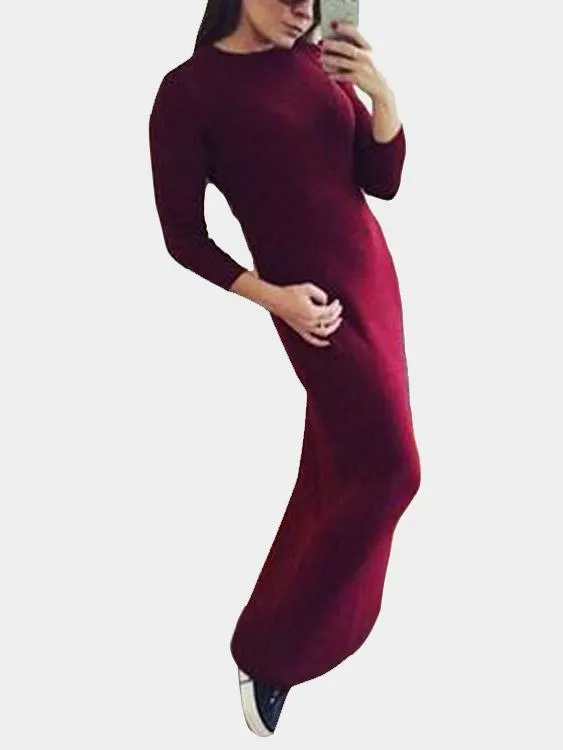 Wholesale Burgundy Round Neck Long Sleeve Plain Maxi Dress