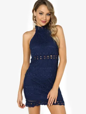 Wholesale Navy Halter Sleeveless Lace Hollow Midi Dress