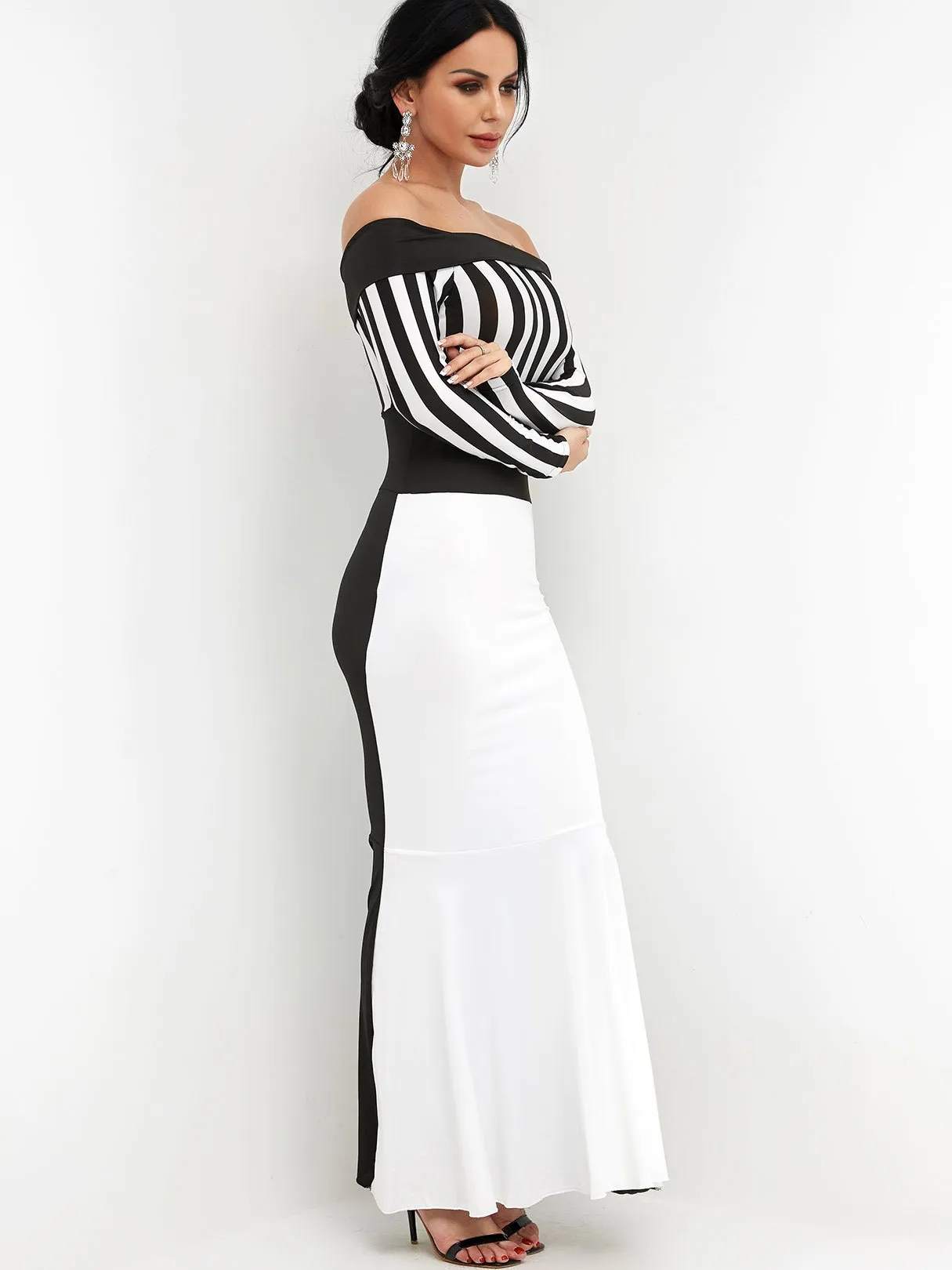 Wholesale Off The Shoulder Long Sleeve Stripe Zip Back Flounced Hem Maxi Dress